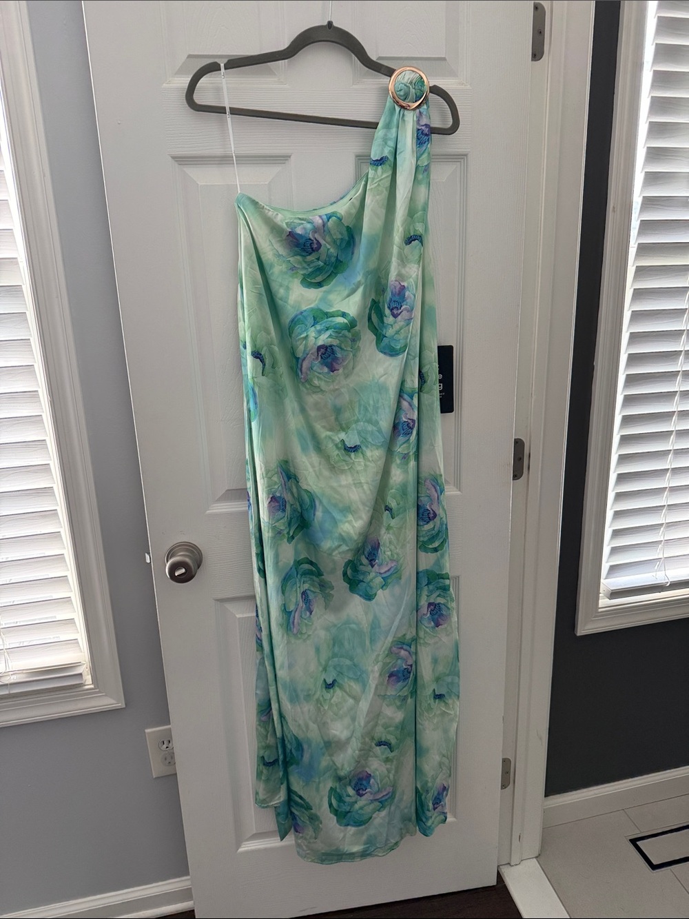 Lulu's Goddess One-Shoulder Maxi Dress with Blue and Purple Floral Print